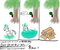 Size: 2111x1754 | Tagged: safe, artist:krivvy, derpibooru import, oc, oc:anon, changeling, human, series:learning to draw with /bug/, 3 panel comic, beginner artist, cardboard box, comic, disguise, disguised changeling, inanimate tf, magic, nhnb, requested art, simple background, speech bubble, startled, surprised, transformation, tree