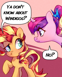 Size: 880x1085 | Tagged: safe, artist:lummh, artist:shore2020, derpibooru import, princess cadance, sunset shimmer, alicorn, pony, unicorn, comic:the princess of love, dialogue, female, filly, filly sunset shimmer, foal, looking at each other, looking at someone, mare, raised hoof, raised leg, speech bubble, teen princess cadance, younger