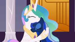 Size: 1920x1078 | Tagged: safe, artist:forgalorga, derpibooru import, screencap, princess celestia, princess luna, alicorn, pony, best princesses ever, duo, eyes closed, female, hug, jewelry, mare, regalia, smiling