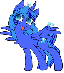 Size: 921x1037 | Tagged: safe, artist:trr_bc, derpibooru import, oc, oc only, oc:wave oceana, alicorn, pony, curved horn, happy, horn, simple background, smiling, solo, spread wings, tongue, tongue out, transparent background, wings