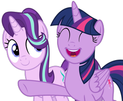 Size: 2713x2228 | Tagged: safe, artist:sketchmcreations, derpibooru import, starlight glimmer, twilight sparkle, twilight sparkle (alicorn), alicorn, pony, unicorn, sparkle's seven, eyes closed, female, looking at someone, mare, open mouth, raised hoof, raised leg, simple background, smiling, transparent background, vector