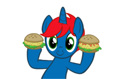 Size: 1098x691 | Tagged: safe, artist:pastel-pocky, artist:ry-bluepony1, derpibooru import, oc, oc only, oc:train track, unicorn, trade ya, base used, burger, food, green eyes, hair, horn, mane, oat burger, oats, show accurate, simple background, solo, transparent background