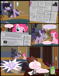 Size: 1042x1358 | Tagged: safe, artist:dendoctor, derpibooru import, mean twilight sparkle, pinkie pie, princess luna, twilight sparkle, twilight sparkle (alicorn), alicorn, earth pony, pony, comic:clone.., alternate universe, bits, clone, clothes, comic, female, glowing, glowing horn, hat, horn, magic, newspaper, pinkie clone, quill, sofa, swear jar, telekinesis, test tube