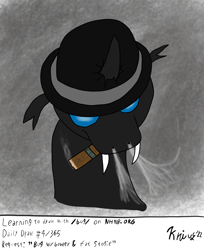 Size: 1754x2147 | Tagged: safe, artist:krivvy, derpibooru import, changeling, series:learning to draw with /bug/, abstract background, beginner artist, bowler hat, bust, cigar, hat, looking at you, nhnb, portrait, requested art, smoke, smoking, solo