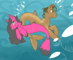 Size: 900x750 | Tagged: safe, artist:bwfe, derpibooru import, oc, oc only, hybrid, merpony, seapony (g4), bubble, duo, female, fish tail, flowing mane, green eyes, male, mare, ocean, orange eyes, smiling, stallion, swimming, tail, underwater, water