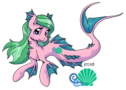 Size: 2899x2069 | Tagged: safe, artist:lankysandwich, derpibooru import, oc, oc only, merpony, dorsal fin, female, fins, fish tail, flowing mane, flowing tail, gills, green mane, logo, mare, purple eyes, signature, simple background, smiling, solo, tail, transparent background