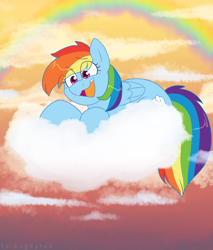Size: 1920x2249 | Tagged: safe, artist:2k.bugbytes, rainbow dash, pegasus, pony, cloud, cloudy, female, folded wings, lying down, lying on a cloud, mare, open mouth, prone, rainbow, solo