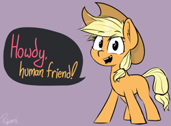 Size: 2252x1655 | Tagged: safe, artist:pinkberry, applejack, blank flank, colored sketch, female, filly, filly applejack, foal, freckles, hat, looking at you, smiling, smiling at you, speech, speech bubble, stetson, talking, talking to viewer, tooth gap, young