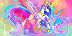 Size: 8000x4000 | Tagged: safe, artist:wilvarin-liadon, derpibooru import, princess celestia, alicorn, pony, 2017, abstract background, absurd file size, absurd resolution, blushing, color porn, colored wings, cute, female, flying, glowing, glowing horn, horn, looking at you, magic, mare, old art, smiling, solo, spread wings, wings