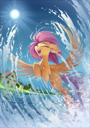 Size: 3512x4967 | Tagged: safe, artist:ramiras, derpibooru import, fluttershy, pegasus, pony, commission, cute, eyes closed, female, flying, high res, majestic, mare, open mouth, shyabetes, smiling, solo, spread wings, sun, water, wings