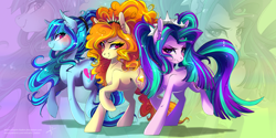 Size: 8000x4000 | Tagged: safe, artist:wilvarin-liadon, derpibooru import, adagio dazzle, aria blaze, sonata dusk, earth pony, pony, 2017, abstract background, absurd file size, absurd resolution, blushing, color porn, cutie mark, ear fluff, ears, equestria girls ponified, eyestrain warning, female, long mane, looking at you, mare, old art, ponified, raised hoof, raised leg, smiling, the dazzlings, trio, zoom layer