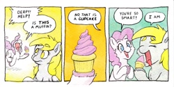 Size: 1196x599 | Tagged: safe, artist:lost marbles, derpibooru import, derpy hooves, pinkie pie, earth pony, pegasus, pony, comic, comic strip, cupcake, dialogue, female, food, traditional art, watercolor painting