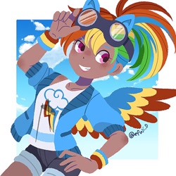 Size: 766x766 | Tagged: safe, artist:efuji_d, derpibooru import, rainbow dash, human, armband, clothes, cutie mark on clothes, dark skin, eared humanization, female, goggles, grin, hand on hip, humanized, jacket, kotobukiya, kotobukiya rainbow dash, moderate dark skin, ponytail, shirt, shorts, smiling, solo, winged humanization, wings
