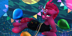 Size: 2971x1500 | Tagged: safe, artist:darksly, derpibooru import, tempest shadow, pony, unicorn, balloon, confetti, female, hat, lying down, mare, party hat, solo, streamers, tempest shadow is not amused, unamused