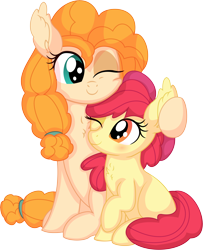 Size: 6480x7987 | Tagged: safe, artist:cyanlightning, derpibooru import, apple bloom, pear butter, earth pony, pony, .svg available, absurd resolution, apple bloom's bow, bow, duo, eyes closed, female, filly, foal, hair bow, holding, hug, mare, mother and child, mother and daughter, motherly, parent and child, simple background, sitting, transparent background, vector