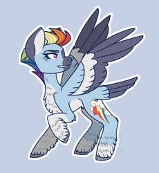 Size: 735x800 | Tagged: safe, artist:axelotl_1, derpibooru import, rainbow dash, pegasus, pony, alternate design, blue background, female, fur, looking back, multicolored hair, outline, rainbow hair, redesign, simple background, solo, unshorn fetlocks, white outline, wings