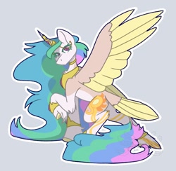 Size: 818x800 | Tagged: safe, artist:axelotl_1, derpibooru import, princess celestia, alicorn, pony, colored wings, crown, female, gray background, jewelry, mare, multicolored wings, raised hoof, raised leg, redesign, regalia, simple background, solo, spread wings, tail, tail feathers, wings