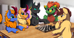 Size: 3709x1950 | Tagged: safe, artist:pridark, derpibooru import, oc, oc only, changeling, griffon, kirin, pony, unicorn, changeling oc, chess, chess piece, commission, female, griffon oc, group, high res, horn, kirin oc, male, open mouth, playing, sitting, table, unicorn oc, watching