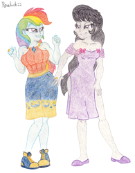 Size: 1500x1920 | Tagged: safe, artist:roseluck, derpibooru import, octavia melody, rainbow dash, equestria girls, make new friends but keep discord, alternate hairstyle, bedroom eyes, big breasts, bowtie, braid, braless, breasts, cleavage, clothes, collarbone, colored pencil drawing, dancing, dashtavia, dress, duo, duo female, female, full body, gala dress, jewelry, lesbian, looking at each other, looking at someone, rainboob dash, ring, shipping, shoes, simple background, sleeveless, smiling, smiling at each other, sneakers, standing, strapless, traditional art, wedding ring, white background