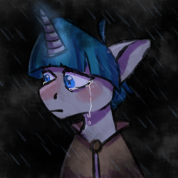 Size: 1280x1280 | Tagged: safe, artist:frogboyfriend, derpibooru import, stygian, pony, unicorn, cloak, clothes, crying, looking away, male, rain, solo, stallion