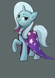 Size: 2480x3508 | Tagged: safe, artist:yunlongchen, derpibooru import, trixie, cape, clothes, gray background, raised hoof, raised leg, side view, simple background, solo, standing, trixie's brooch, trixie's cape