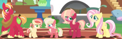Size: 1280x408 | Tagged: safe, artist:selenaede, artist:strawberry-spritz, artist:teafor2-d, derpibooru import, big macintosh, fluttershy, oc, oc:peachy seed, oc:sweet apple, oc:sweet note, earth pony, pegasus, pony, alternate design, alternate hairstyle, base used, bow, earth pony oc, family, female, filly, fireplace, fluttermac, fluttershy's cottage, foal, freckles, hair accessory, hair bow, male, mare, offspring, parent:big macintosh, parent:fluttershy, parents:fluttermac, pegasus oc, pillow, pot, rug, shipping, siblings, sisters, stallion, straight, striped mane, tail, tail bow, teenager, twins, window