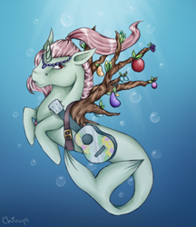 Size: 800x927 | Tagged: safe, artist:chirupi, derpibooru import, oc, merpony, bubble, fish tail, fruit, guitar, jewelry, musical instrument, necklace, ocean, pink mane, red eyes, signature, smiling, solo, sunlight, swimming, tail, tree branch, underwater, water