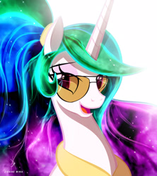 Size: 1920x2160 | Tagged: safe, artist:zidanemina, derpibooru import, princess celestia, alicorn, pony, alternate hairstyle, bust, ethereal mane, eyebrows, female, glasses, high res, mare, missing accessory, open mouth, open smile, portrait, signature, simple background, smiling, solo, starry mane, white background