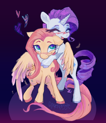 Size: 1280x1486 | Tagged: safe, artist:glitterfr33ze, derpibooru import, fluttershy, rarity, pegasus, pony, unicorn, blushing, colored, eyes closed, eyes open, female, flarity, gradient background, heart, hug, lesbian, shipping