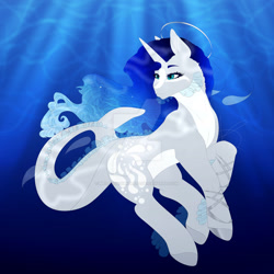 Size: 1280x1280 | Tagged: safe, artist:melodyboundless, derpibooru import, oc, oc only, merpony, original species, pony, shark, shark pony, unicorn, blue eyes, blue mane, contest entry, crepuscular rays, deviantart watermark, female, fish tail, flowing mane, flowing tail, horn, mare, obtrusive watermark, ocean, smiling, solo, sunlight, swimming, tail, underwater, water, watermark