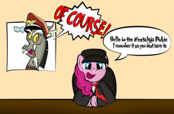 Size: 1139x747 | Tagged: safe, artist:dan232323, derpibooru import, discord, pinkie pie, draconequus, earth pony, pony, 2016, chair, clothes, exclamation point, female, hat, male, mare, necktie, nostalgia critic, parody, suit