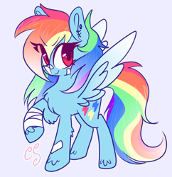 Size: 1206x1246 | Tagged: safe, artist:computershits, derpibooru import, rainbow dash, pegasus, pony, alternate cutie mark, alternate design, bandage, chest fluff, colored wings, determined, ear fluff, ear piercing, earring, ears, eye clipping through hair, female, gradient mane, gradient wings, jewelry, looking sideways, piercing, pink eyes, puffed chest, raised hoof, raised leg, simple background, solo, spread wings, unshorn fetlocks, wings