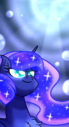 Size: 3420x6300 | Tagged: safe, artist:iceflower99, derpibooru import, princess luna, alicorn, pony, blue eyes, blue mane, bubble, chest fluff, crepuscular rays, ear fluff, ears, ethereal mane, female, flowing mane, glowing, horn, mare, missing accessory, redraw, smiling, solo, sparkles, speedpaint, starry mane, sunlight, video at source, video in description