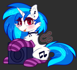 Size: 1550x1428 | Tagged: safe, artist:computershits, derpibooru import, dj pon-3, vinyl scratch, pony, unicorn, :p, butt fluff, cheek fluff, chest fluff, choker, clothes, cutie mark, cutie mark accessory, ear fluff, ear piercing, ears, eye clipping through hair, female, gray background, hooves up, lightly watermarked, looking at you, piercing, red eyes, shiny hair, simple background, sitting, socks, solo, speaker, striped socks, tongue, tongue out, two toned mane, watermark
