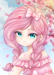 Size: 718x1000 | Tagged: safe, artist:fluttershy_art.nurul, derpibooru import, fluttershy, equestria girls, anime, anime style, beautiful, beautiful eyes, braid, cherry blossoms, clothes, cute, dress, flower, flower blossom, green eyes, hairstyle, looking at you, pink, pink dress, pink hair, shyabetes, solo, tape, tree