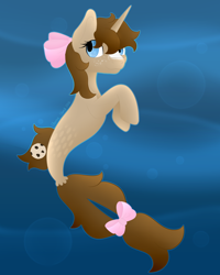 Size: 1600x2000 | Tagged: safe, artist:dolphintales, derpibooru import, oc, oc only, pony, seapony (g4), unicorn, blue background, blue eyes, brown mane, bubble, dorsal fin, fish tail, flowing tail, horn, seaponified, seashell, simple background, smiling, solo, species swap, tail, underwater, water