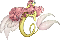 Size: 2989x2007 | Tagged: safe, artist:tsukorito, derpibooru import, fluttershy, butterfly, merpony, pegasus, seapony (g4), butterfly on nose, clothes, female, fin wings, fins, fish tail, flowing mane, flowing tail, green eyes, insect on nose, looking up, mare, pink mane, seaponified, seapony fluttershy, see-through, simple background, solo, species swap, tail, transparent background, wings