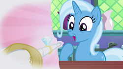 Size: 1280x720 | Tagged: safe, derpibooru import, edit, edited screencap, screencap, prince blueblood, trixie, pony, unicorn, all bottled up, the ticket master, bluetrix, cut and paste, excited, female, horn, horn ring, male, mare, marriage proposal, open mouth, pink background, raised hoof, raised leg, ring, shipping, simple background, smiling, stallion, straight