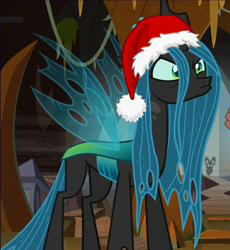 Size: 904x982 | Tagged: safe, derpibooru import, edit, edited screencap, screencap, queen chrysalis, changeling, changeling queen, christmas, christmas changeling, clothes, female, hat, holiday, pouting, queen christmas list, santa hat, solo