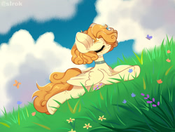 Size: 1280x960 | Tagged: safe, artist:sirok9999, derpibooru import, oc, oc only, butterfly, pegasus, pony, choker, cloud, eyelashes, eyes closed, female, lying down, mare, pegasus oc, prone, solo