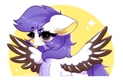 Size: 1280x845 | Tagged: safe, artist:sirok9999, derpibooru import, oc, oc only, pegasus, pony, abstract background, ears, eyelashes, female, floppy ears, mare, pegasus oc, solo, spread wings, wings