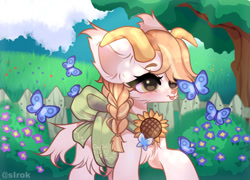 Size: 1280x920 | Tagged: safe, artist:sirok9999, derpibooru import, oc, oc only, butterfly, pony, chest fluff, cute, ear fluff, ears, eyelashes, female, flower, goat p, horns, mare, outdoors, raised hoof, raised leg, solo, sunflower