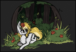 Size: 869x604 | Tagged: safe, artist:tay-niko-yanuciq, derpibooru import, oc, oc only, earth pony, pony, bush, chest fluff, earth pony oc, flower, looking back, lying down, outdoors, prone, rose, solo