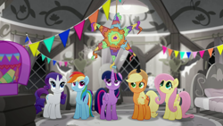 Size: 1920x1080 | Tagged: safe, derpibooru import, screencap, applejack, fluttershy, rainbow dash, rarity, twilight sparkle, twilight sparkle (alicorn), alicorn, rainbow roadtrip, piñata