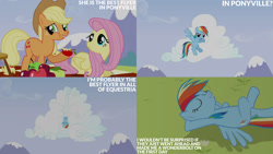 Size: 1280x720 | Tagged: safe, derpibooru import, edit, edited screencap, editor:quoterific, screencap, applejack, fluttershy, rainbow dash, earth pony, pegasus, pony, season 3, wonderbolts academy, apple, applejack's hat, clothes, cowboy hat, eyes closed, female, flying, food, hat, mare, open mouth, open smile, smiling, spread wings, text, trio, wings