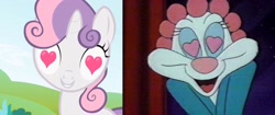 Size: 2048x859 | Tagged: safe, derpibooru import, edit, edited screencap, screencap, sweetie belle, pony, skunk, unicorn, lesson zero, season 2, coincidence i think not, comparison, cute, female, fifi la fume, filly, foal, hair curlers, heart, heart eyes, kit, tiny toon adventures, wingding eyes, younger