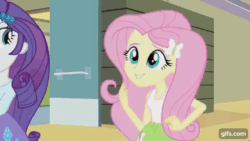 Size: 640x360 | Tagged: safe, derpibooru import, screencap, fluttershy, pinkie pie, rarity, equestria girls, rainbow rocks, animated, clothes, cutie mark on clothes, eyes closed, female, gif, gifs.com, hairpin, smiling, trio
