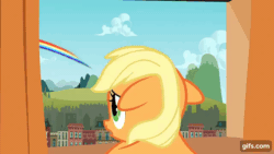 Size: 640x360 | Tagged: safe, derpibooru import, screencap, applejack, earth pony, pony, season 1, the cutie mark chronicles, animated, blinking, cute, ears, female, filly, filly applejack, floppy ears, foal, gif, gifs.com, jackabetes, open mouth, open smile, rainbow, smiling, solo, younger