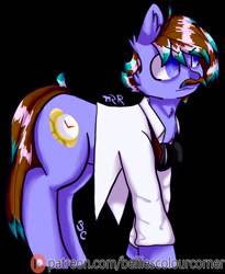 Size: 1050x1280 | Tagged: safe, derpibooru import, oc, oc only, oc:time watcher, black background, blue eyes, clothes, facial hair, goggles, lab coat, male, moustache, simple background, solo, stallion