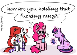 Size: 1280x918 | Tagged: safe, artist:yumiy_salin, derpibooru import, pinkie pie, twilight sparkle, twilight sparkle (alicorn), oc, alicorn, earth pony, pegasus, pony, unicorn, clothes, cup, dialogue, food, funny, hoof hold, magic, mug, simple background, socks, striped socks, tea, vulgar, white background, wing hands, wing hold, wings